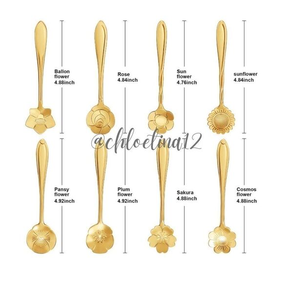 Silver Gold 8pcs Stainless Steel Flower Spoon Set - Picture 12 of 16